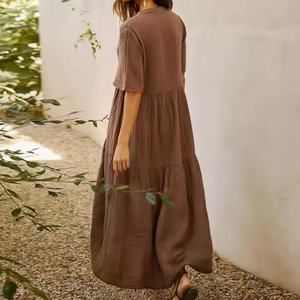 Vestidos Casuales de Verano 2025, Nuevo Diseño, Alta Calidad, 100% Algodón, Holgados, Maxi, Manga Corta, Cuello en V - Product Image 5