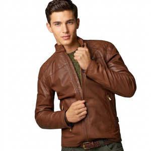 Nueva Chaqueta de Cuero Ecológica Transpirable para Hombre, Estilo Racer, Color Marrón Sólido, Ideal para Verano y Eventos Formales - Product Image 1