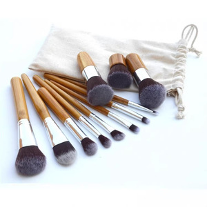11 Piece Bamboo Handle Makeup <b>Brush</b> Set Synthetic Hair Face Cosmetic Tools With Linen Bag - Product Image 1