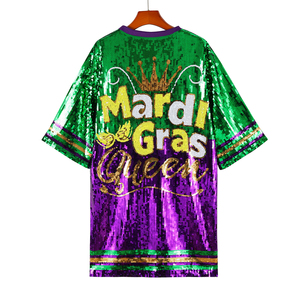 Ingrosso abito da t-shirt con paillettes brillanti Plus-Size Mardi Gras fatto a mano girocollo scintillante Look Sexy al ginocchio Jersey - Product Image 3