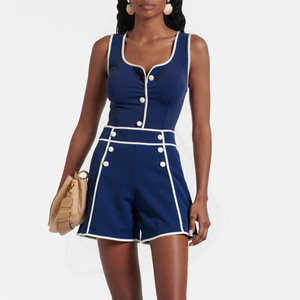 Traje de Baño de Dos Piezas Azul Marino Vintage para Mujer, Top Tipo Body con Botones y Pantalones Cortos de Cintura Alta con Control de Abdomen, OEM - Product Image 1
