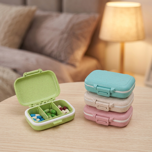 Étui à pilules portable en paille de blé avec 3 compartiments en vert, rose, beige et bleu pour le rangement en voyage - Product Image 5