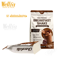 Sachet refermable personnalisé en aluminium imprimé avec fermeture éclair, pour boisson protéinée, chocolat, petit-déjeuner, fond plat, emballage