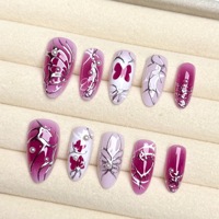 Faux ongles à presser en métal plaqué or, dégradé rose-rouge, avec nœuds et papillons, haut de gamme, audacieux, style occidental, autocollants pour nail art, esthétique Y2K