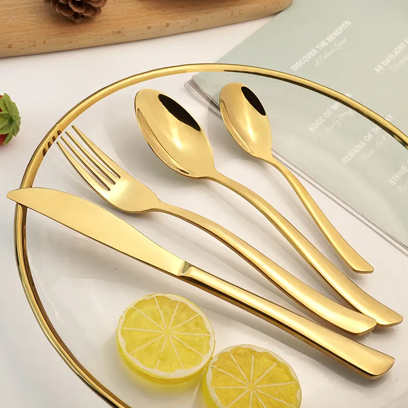 Wholesale Hotel Wedding Thick 4Pcs Silverware Stainless Steel Gold Cutlery Spoon Fork Knife Flatware Set