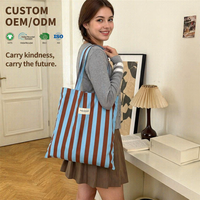 Tas Tote Kanvas Bergaris Logo Kustom, Tas Selempang Katun Tenun Garis Vertikal, Bersertifikasi GOTS Ramah Lingkungan untuk Belanja