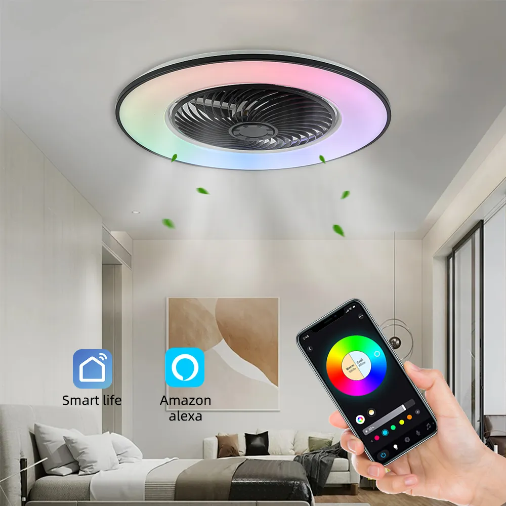Woonkamer Kroonluchter Plafondventilator Met Licht Huis Tuya Wifi Bluetooth Muziek Afstandsbediening Rgb Plafondventilatoren Met Verlichting