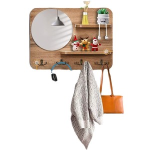 Wall Mounted Wooden Coat Rack With Mirror And <b>Shelves</b> Multi Purpose Storage For Entryway Bedroom <b>Hooks</b> Organizer - Product Image 2