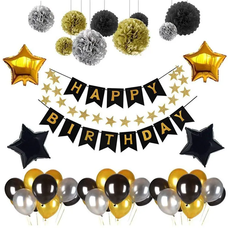 Siyah altın doğum günü partisi dekorasyon seti-kutlu olsun afiş yıldız Garland balonlar parti malzemeleri