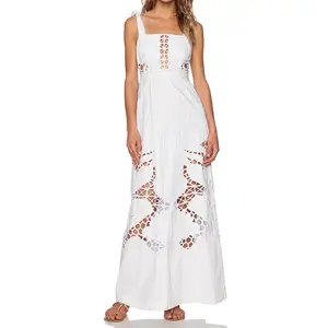 WOMEN WHITE COTTON CUT OUT LONG LACE MAXI DRESS WHOLESALE