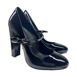 Large Size 45 <b>Round</b> <b>Toe</b> Women Middle Bow Strap Shoes High Chunky <b>Heels</b> Patent Sandals Classic Wide Fit Dress Pumps - Product Image 6