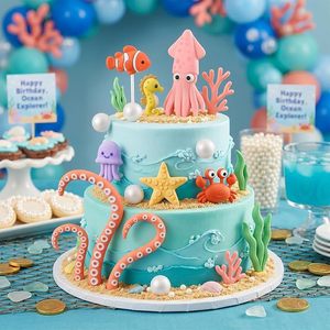 Kit de décorations de gâteau sur le thème des animaux marins : Calamar, Poisson-pie, Hippocampe, Méduse, Crabe, Étoile de mer, Pieuvre, Corail, Perle – Fournitures d'anniversaire - Product Image 4