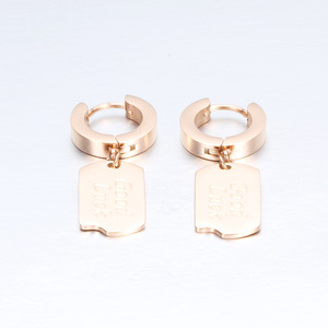 Pendientes de aro de oro rosa con etiqueta de buena suerte, pendientes colgantes para mujer, joyería de moda de acero inoxidable, regalo - Product Image 4