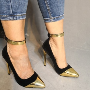 Gold Metal Toe Stiletto Women Dress Shoes Size 47 Ankle Strap <b>Pumps</b> for Ladies High Thin Heels Patchwork Shoes - Product Image 2