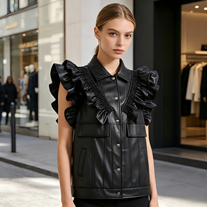 Gilet en similicuir noir à volants pour <span class=keywords><strong>femme</strong></span>, veste <span class=keywords><strong>sans</strong></span> manches en PU, vente directe d'usine - Product Image 1