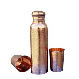 <b>Copper</b> Water Bottle With 2 Cups Traditional Design <b>Screw</b>-On Lid Reusable Travel Use Adults Metal Material Leakproof Eco Friendly - Product Image 1