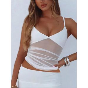 Soly Hux – Haut court en maille transparente pour femme, col en V, bretelles spaghetti, froncé, style club, taille naturelle - Product Image 2