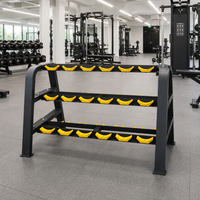 Support de rangement pour haltères commercial à 3 niveaux, 9 paires, avec piliers courbes jaunes anti-rayures pour salle de sport