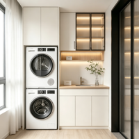 Meuble de buanderie sur mesure en MDF avec porte vitrée, poignée en laiton, étagère LED, colonne lave-linge/sèche-linge, évier et comptoir pour appartement, OEM ODM