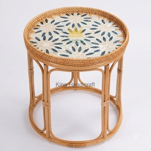 Wholesale Handwoven Rattan <b>Bedside</b> <b>Table</b> Set Modern Mother of Pearl Inlaid <b>Round</b> Coffee <b>Table</b> for Hotel and Home - Product Image 4