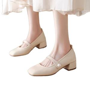 รองเท้าส้นตึกแบบสวม รุ่นใหม่ประจำฤดูใบไม้ร่วงและฤดูร้อน ดีไซน์แบบแมรี่เจน สำหรับเจ้าสาว หนังพรีเมียม สไตล์เรโทรฝรั่งเศส สายไขว้ - Product Image 1