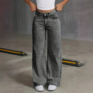 Jean thermique ample à jambe large et taille haute pour adolescentes, coupe droite décontractée, en denim délavé vintage, toutes saisons, sur mesure - Product Image 1