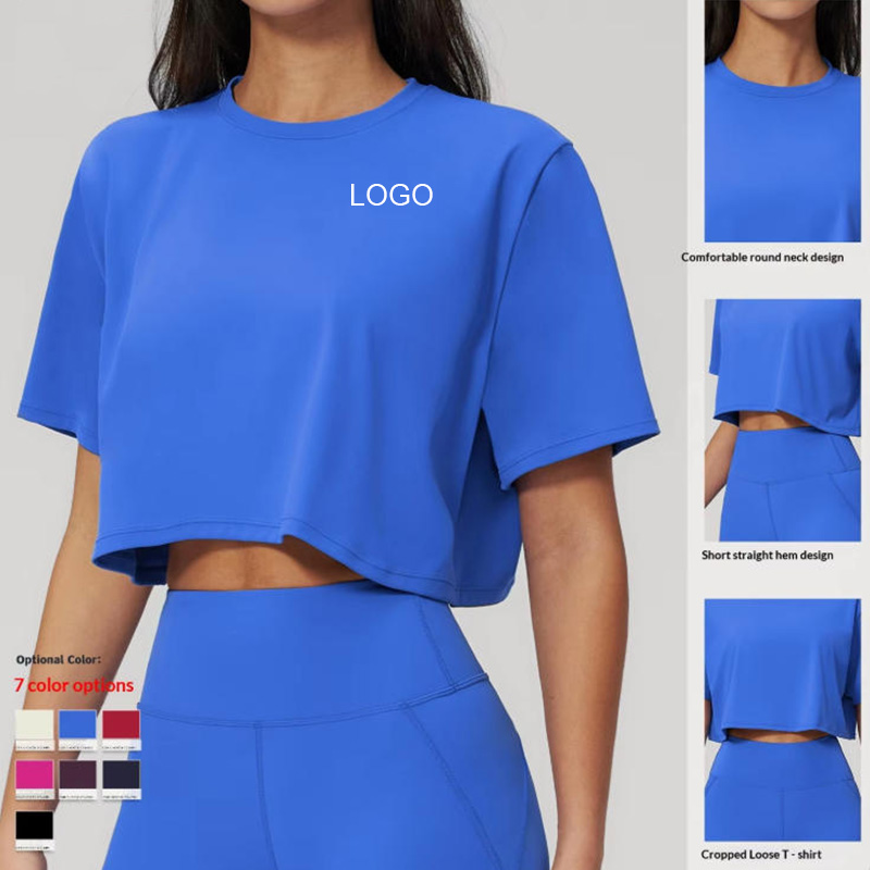 Hot Selling European American Style Sports Short-Sleeve Yoga Top Cropped Loose-Fit Round-Neck T-Shirt Moisture Wicking Nylon