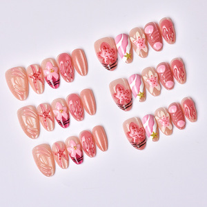 Uñas postizas cortas estilo almendra, color rosa, con diseño 3D de medusa, estrella de mar y flor, uñas artísticas de alta gama. - Product Image 1