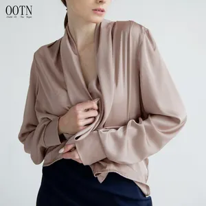 OOTN-camisas de manga larga de oficina para mujer, blusas elegantes informales lisas de satén drapeado con cuello en V, primavera 2022