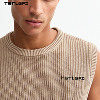 Chaleco Clásico de Punto Acanalado Texturizado para Hombre con Cuello Redondo en Beige Sólido para Venta al por Mayor sin Mangas Estilo Minimalista