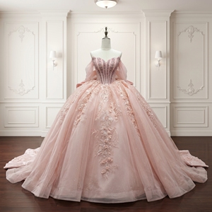 Robe de bal Lsmc137 en satin avec appliques de perles, longueur ras du sol, taille naturelle, traîne chapelle, style vintage, pour soirée, Quinceañera ou mariage - Product Image 4