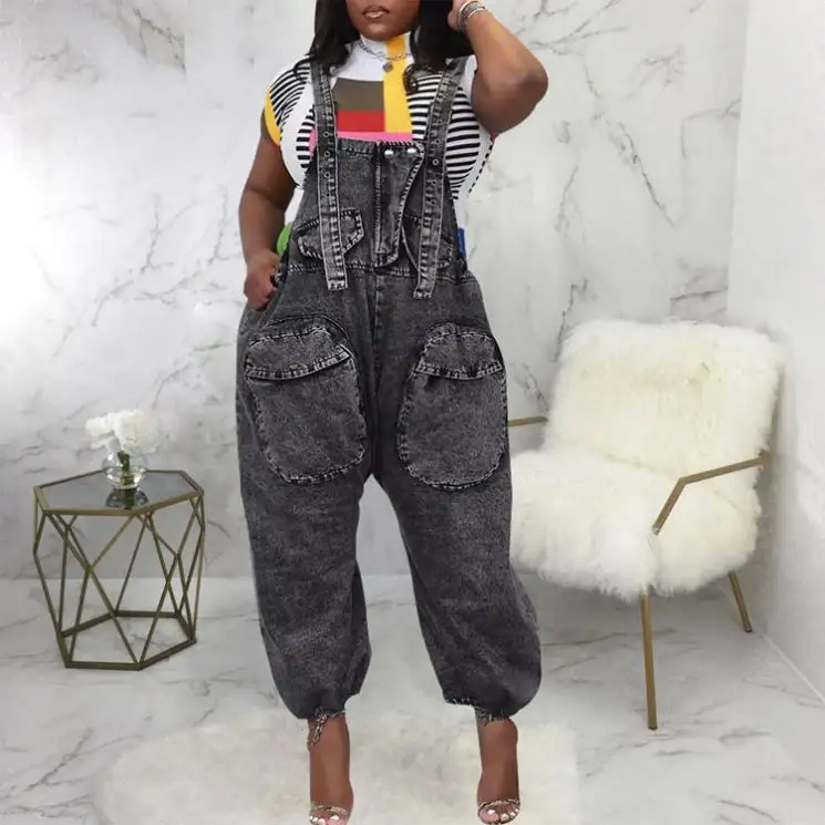 Overalls Grey Denim Jeans Loose Suspender High Waist Casual Trousers Pants New Streetwear Fashion Pants & Trousers Cargo