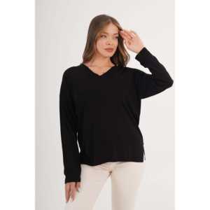 Suéter de Punto Negro Informal de Estilo Coreano para Mujer, Cuello en V y Aberturas Laterales, Talla XS, Suéter de Invierno con Logotipo Frontal - Product Image 6
