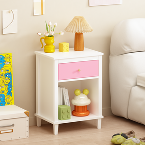 Mesita de noche de madera con un cajón y un estante, color rosa, para niños y adultos - Product Image 1