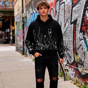 Novedad 2026, Sudadera con Capucha para Hombre Más Vendida, con Gráfico de Llama Urbana y Decoración de Pedrería, de Corte Oversize, Holgado y Corto - Product Image 3