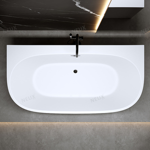 Gloss White Modern Rectangle Double Ended Back-to-Wall Freestanding Soaking <strong>Bath</strong> with <strong>Panel</strong> - Product Image 4