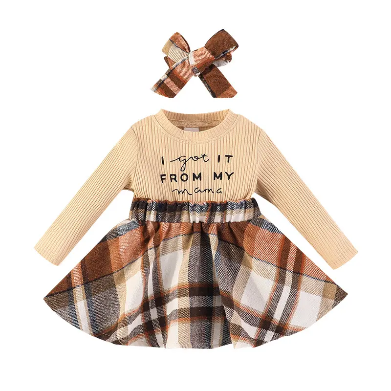 Green Horizon Girl Fashion Plaid Stitched A-line Skirt Infant Autumn Long Sleeve Dress + Headband For Baby Girls Dresses