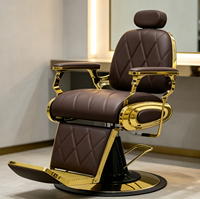 Fauteuil de barbier vintage de luxe avec cadre doré, robuste, hydraulique et inclinable, couleur marron, pour salon de coiffure