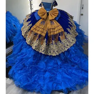 Mumuleo迷人的蓝色配金色无肩带成人礼连衣裙蕾丝贴花水晶分层薄纱公主前庭舞会礼服