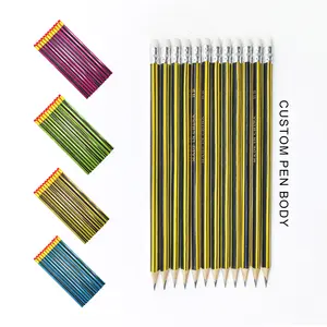 Yellow Strip Cheap Wholesale Logo HB Wood Pencil Hexagon Poplar Wooden Pencil With Eraser School Office Stationery