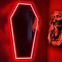 Miroir mural en verre HD sans cadre, lumineux à LED néon, en forme de cercueil créatif, pour Halloween, décoration murale d'intérieur, esthétique gothique pour dortoir