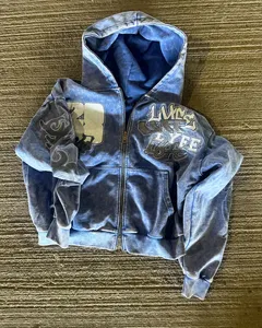 Alta calidad al por mayor Streetwear Vintage ácido lavado Zip Hoodie personalizado francés Terry algodón Sudadera con capucha de gran tamaño