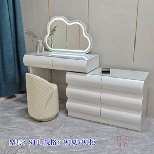 Туалетный столик в скандинавском стиле для спальни, большой комод с LED-зеркалом, круглый пуф, белый, из МДФ, деревянный, для макияжа - Product Image 4