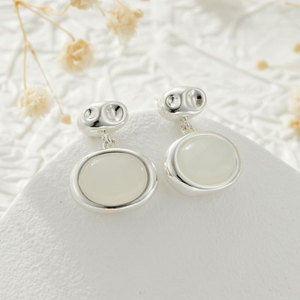 Geometric Faux White Jade Stud Earrings S925 Silver Needle For Women - Product Image 4