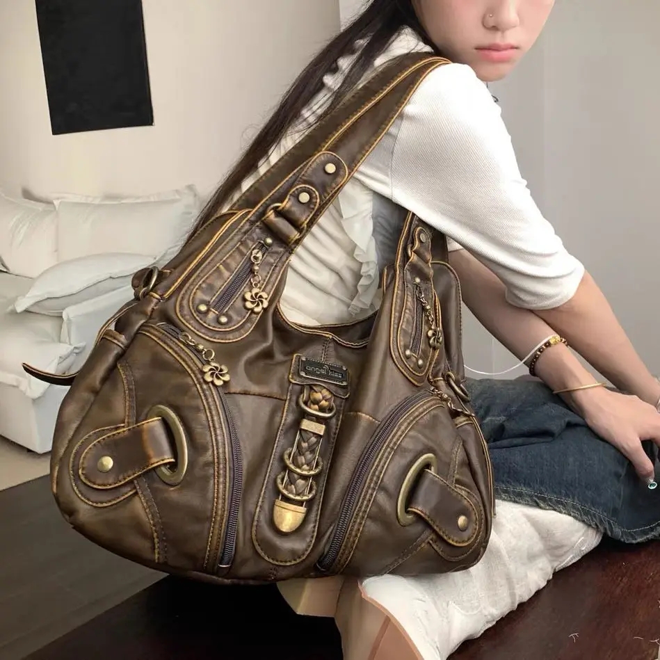Y2k Big Leather Women Vintage Motor Shoulder Bags
