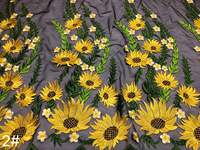 Tissu en dentelle brodé floral chic jaune tournesol, tissu en tulle gris à double bordure motif marguerite de qualité supérieure pour robe de couture