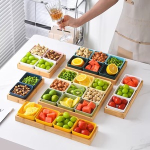 Plato cuadrado de cerámica para aperitivos con bandeja de bambú, plato dividido para aperitivos, plato para salsa de hot pot, uso doméstico - Product Image 2