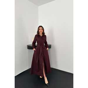 ชุดเดรสทำงานผ้าป๊อปลินขายส่ง พร้อมดีเทลกระดุมสีพลัม - Product Image 5