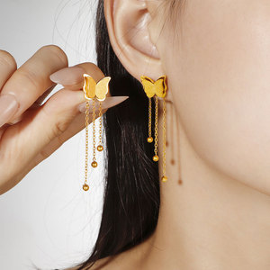 Korean 316L Stainless Steel 14k 18k Pvd Gold Plated Butterfly High Quality Jewelry Fashion <b>Tassel</b> Drop Gold <b>Earrings</b> for Women - Product Image 1