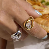 BinShuo 18K Gold Plated Stainless Steel Adjustable Trendy Fashion Ring Oval White Zirconia Teardrop Hollow Design for Women-Gift